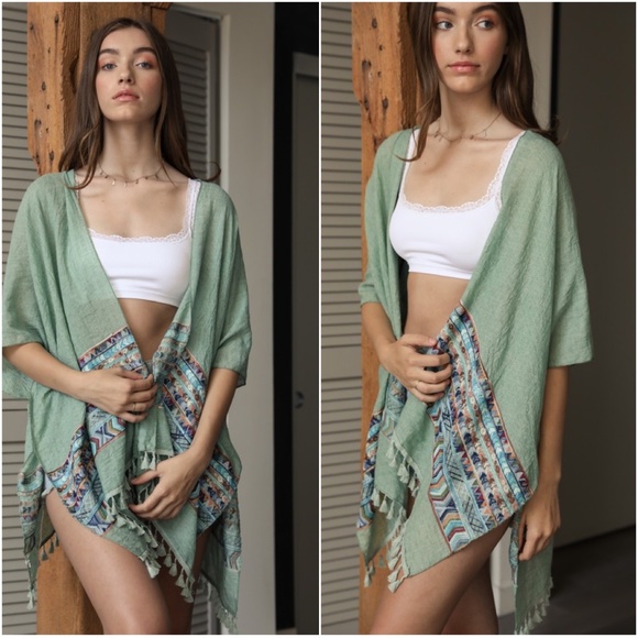 011 Boho Embroidered Tassel Open Front Kimono Cover up - Picture 1 of 1